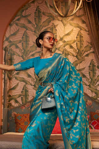 TEAL BLUE NYLON CHINON TWO - TONE WEAVING SAREE