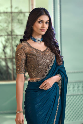 TEAL BLUE GEORGETTE SILK SAREE