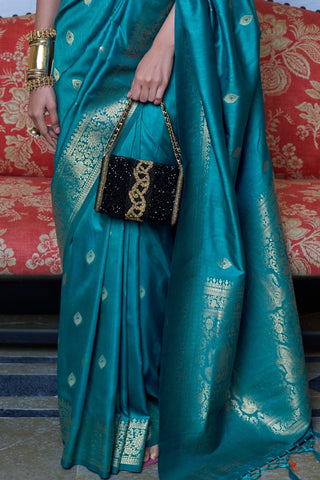 TEAL BLUE MOSS WEAVE HANDLOOM WEAVING SILK SAREE