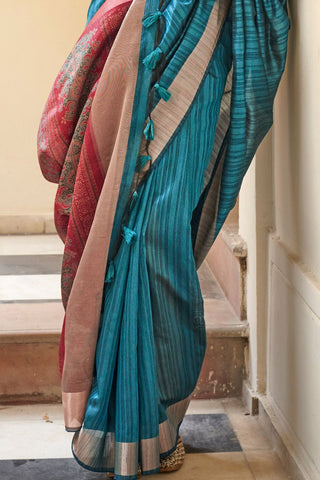 Teal Blue Handloom Tussar Silk Saree_Kumari Sarees