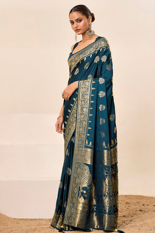 Teal Blue Satin Silk Saree_Kumari Sarees