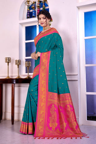 Teal Blue Soft Silk Banarasi Pattu Saree_Kumari Sarees