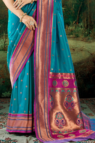 TEAL BLUE SOFT PESHWAI PAITHANI SILK SAREE