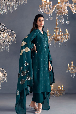 Teal Blue Pure Russian Silk Embroidery Kurta Set