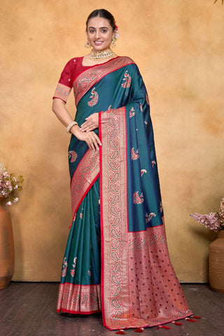 Teal Blue Banarasi Silk Saree Zari With Rich Pallu_Kumari Sarees