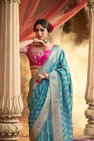 Teal Blue Pure Satin Fancy Saree