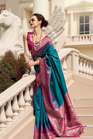 Teal Blue Soft Silk Zari Weaving Saree_Kumari Sarees