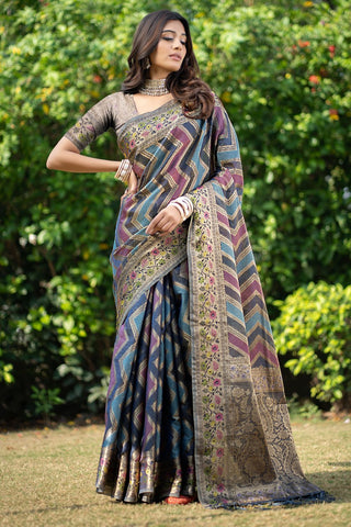 Teal Blue Organza Leheriya Woven Design Saree