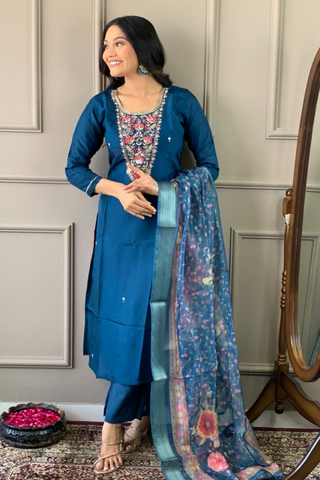Teal Blue Viscose Chanderi Embroidered Silk Kurta Set_Kumari Sarees