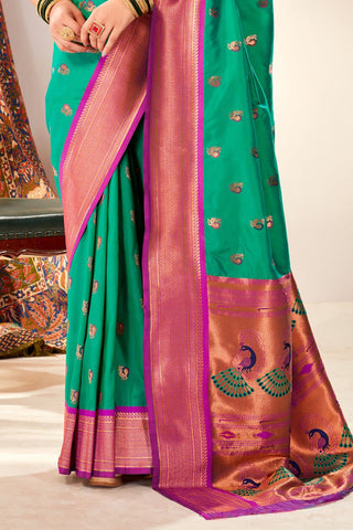 TEAL GREEN SOFT PESHWAI PAITHANI SILK SAREE