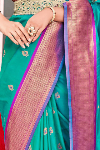 TEAL BLUE SOFT PESHWAI PAITHANI SILK SAREE