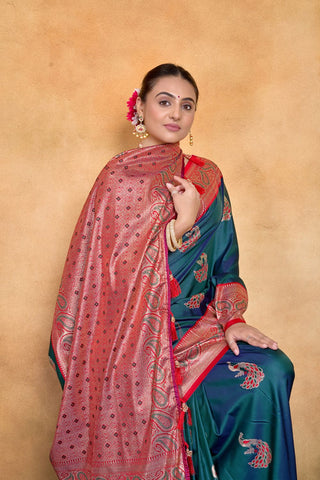 Teal Blue Banarasi Silk Saree Zari With Rich Pallu_Kumari Sarees