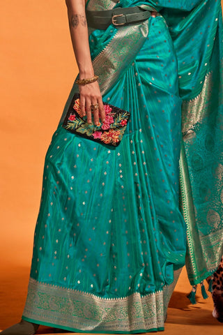 Teal Blue Satin Handloom Woven Saree_Kumari Sarees