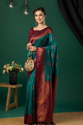 Teal Blue Banarasi Silk Saree_Kumari Sarees