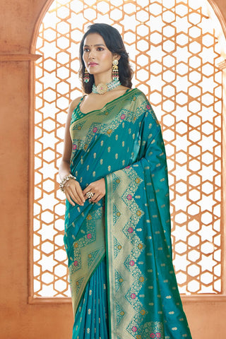 Teal Blue Pure Soft Banarasi Silk Saree