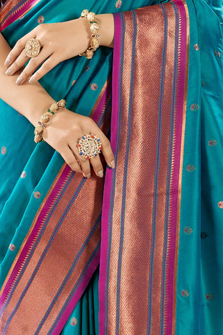 TEAL BLUE SOFT PESHWAI PAITHANI SILK SAREE