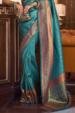 Teal Blue Handloom Weaving Silk Saree_Kumari Sarees