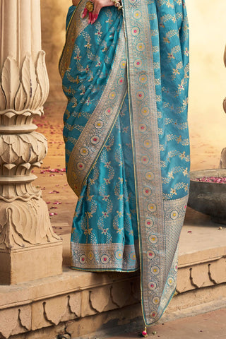 Teal Blue Pure Satin Fancy Saree