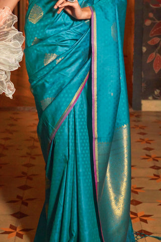 Teal Blue Handloom Weaving Silk Saree_Kumari Sarees