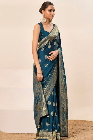 Teal Blue Satin Silk Saree_Kumari Sarees