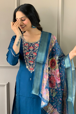 Teal Blue Viscose Chanderi Embroidered Silk Kurta Set_Kumari Sarees