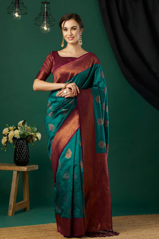 Teal Blue Banarasi Silk Saree_Kumari Sarees