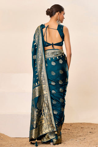 Teal Blue Satin Silk Saree_Kumari Sarees