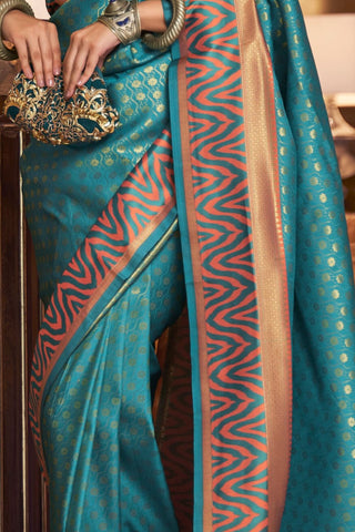 Teal Blue Handloom Weaving Silk Saree_Kumari Sarees