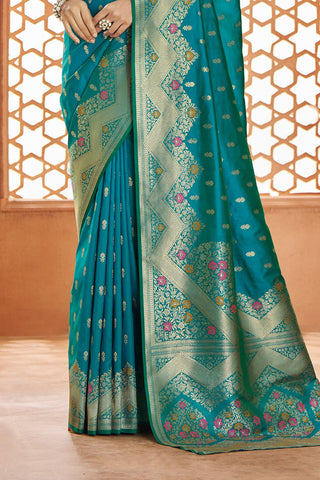 Teal Blue Pure Soft Banarasi Silk Saree