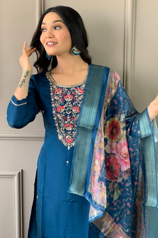 Teal Blue Viscose Chanderi Embroidered Silk Kurta Set_Kumari Sarees