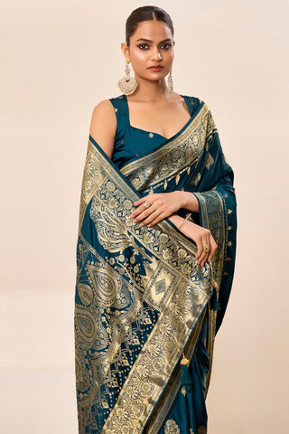 Teal Blue Satin Silk Saree_Kumari Sarees