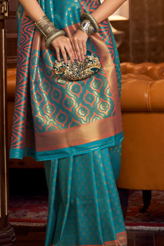 Teal Blue Handloom Weaving Silk Saree_Kumari Sarees