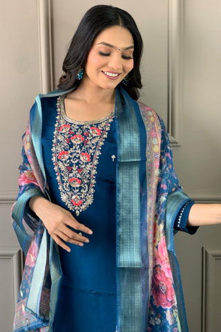 Teal Blue Viscose Chanderi Embroidered Silk Kurta Set_Kumari Sarees