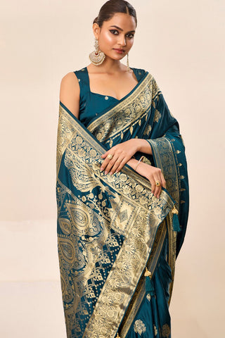 Teal Blue Satin Silk Saree_Kumari Sarees