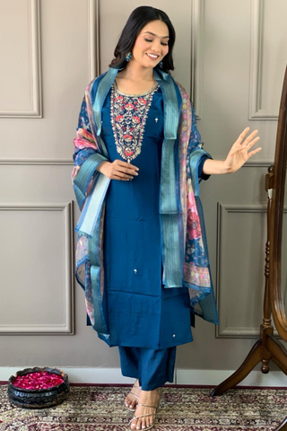 Teal Blue Viscose Chanderi Embroidered Silk Kurta Set_Kumari Sarees