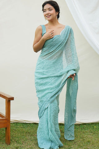 Teal Blue Georgette Silk Saree