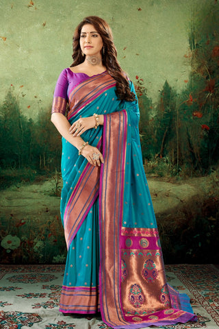 TEAL BLUE SOFT PESHWAI PAITHANI SILK SAREE