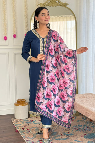Teal Blue Blue Viscose Slub Embroidery Kurta Set_Kumari Sarees