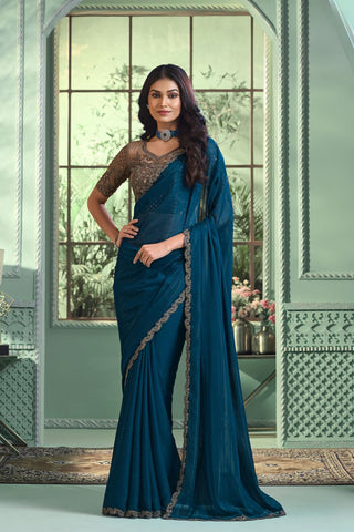 TEAL BLUE GEORGETTE SILK SAREE