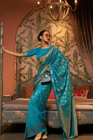 TEAL BLUE NYLON CHINON TWO - TONE WEAVING SAREE