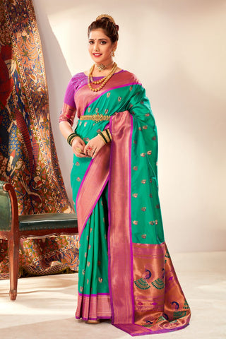 TEAL GREEN SOFT PESHWAI PAITHANI SILK SAREE