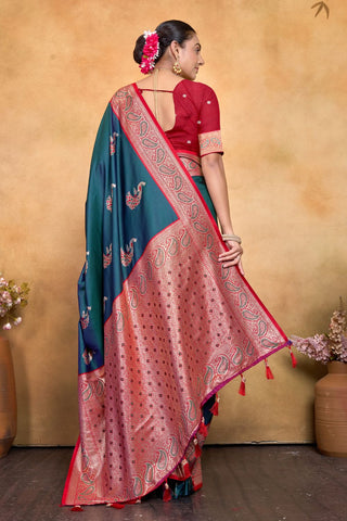Teal Blue Banarasi Silk Saree Zari With Rich Pallu_Kumari Sarees