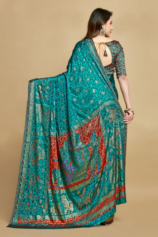 Teal Blue Jacquard Printed Saree