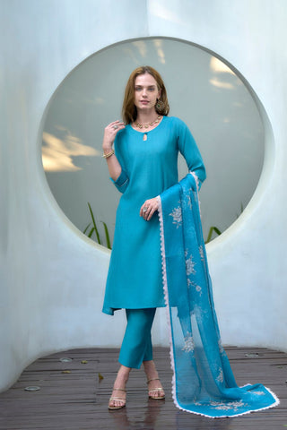 Teal Blue Vatican Organza With Embroidery Kurta Set_Kumari Sarees