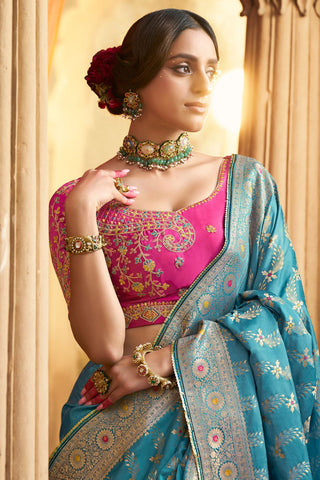 Teal Blue Pure Satin Fancy Saree