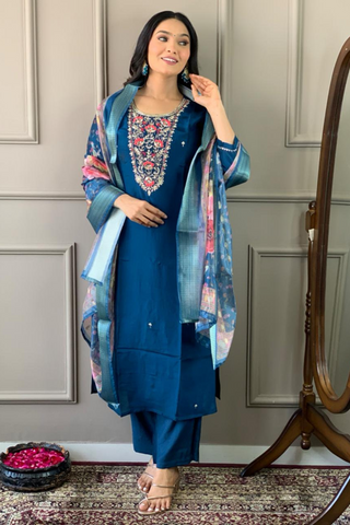 Teal Blue Viscose Chanderi Embroidered Silk Kurta Set_Kumari Sarees