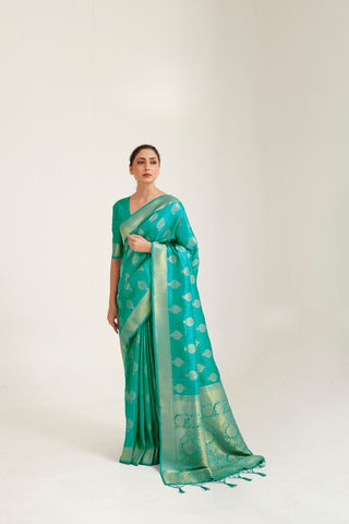 TEAL BLUE KANJEEVARAM HANDLOOM WEAVING SILK SAREE