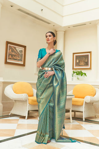 Teal Blue Sequins Handloom Weaving Saree_Kumari Sarees