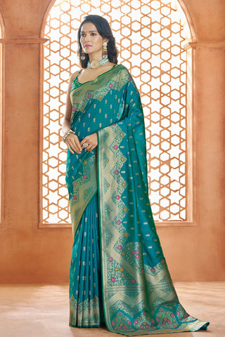 Teal Blue Pure Soft Banarasi Silk Saree