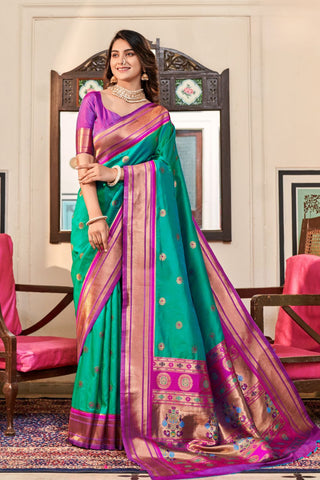 TEAL BLUE SOFT PESHWAI PAITHANI SILK SAREE